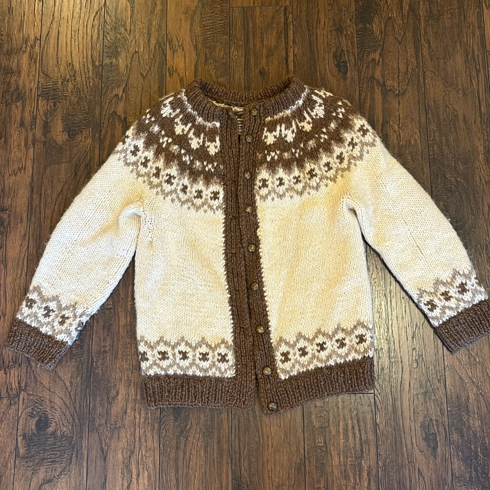 Cream and brown thick knit cardigan - Large